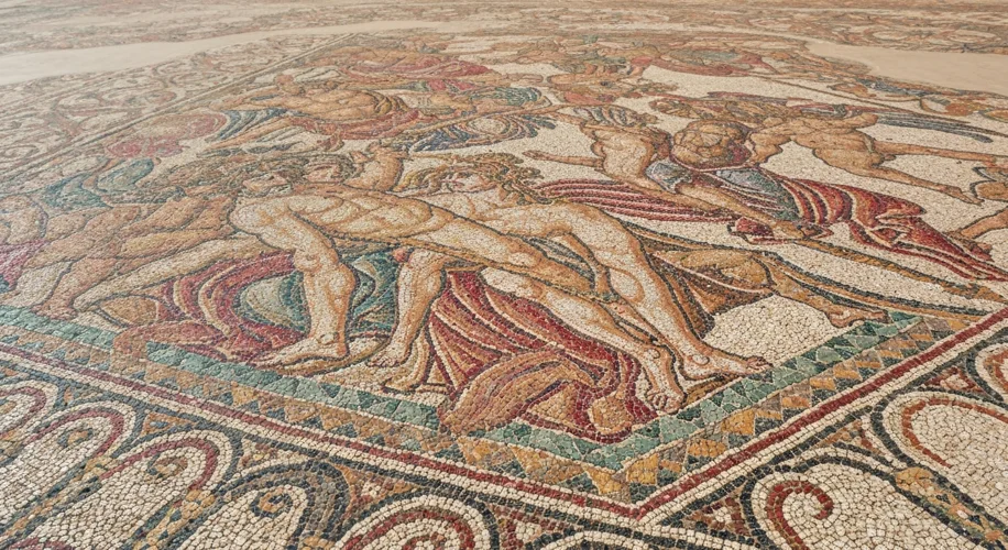A detailed, close-up view of a section of a Roman mosaic floor depicting a mythological scene, with 