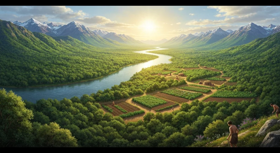 A lush, green valley with a meandering river under a bright, warm sun. Early humans are visible in t