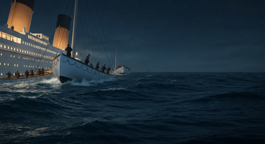 A somber scene of lifeboats being lowered from the Titanic at night into the freezing ocean. Distant