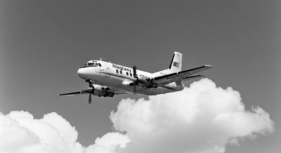 A vintage photograph shows an Allegheny Airlines propeller plane in flight against a blue sky.