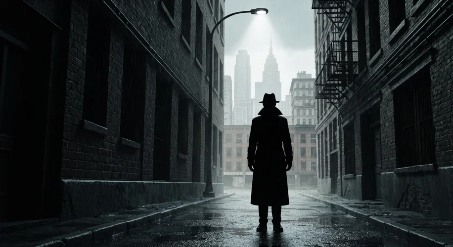 A shadowy figure in a trench coat and fedora, illuminated by a single streetlamp in a dimly lit, rai
