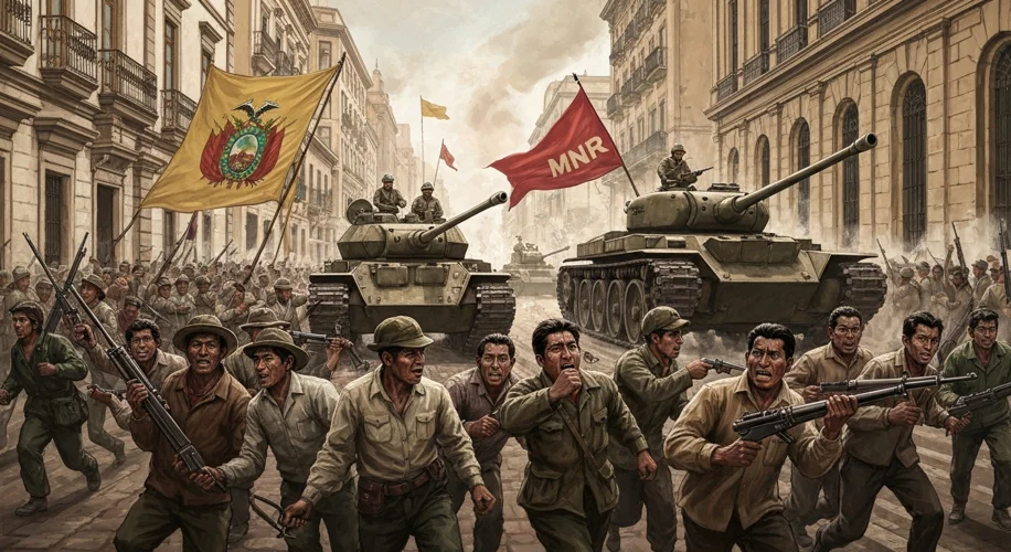 A dynamic scene in La Paz, Bolivia, during the 1952 revolution. Civilians, some holding makeshift we