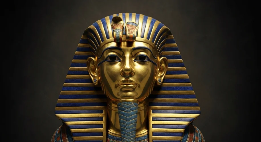 The golden funerary mask of Tutankhamun, gleaming under soft light. The intricate details of the mas