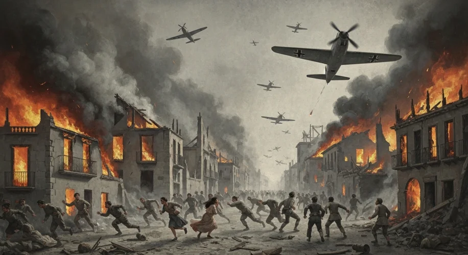A dramatic depiction of German Luftwaffe planes bombing the town of Guernica during the Spanish Civi