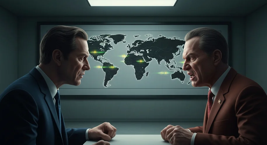 A tense scene depicting US and Soviet leaders in a tense negotiation during the Cold War. The backdr