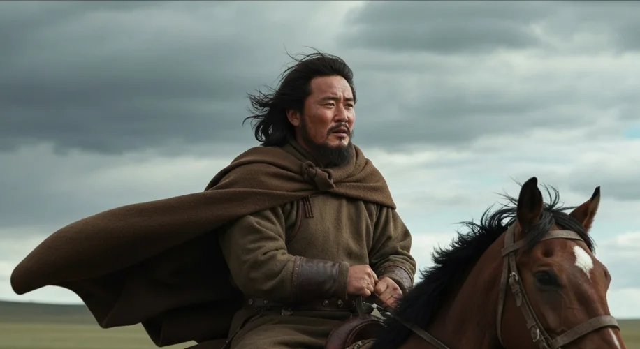 A young Temüjin, on horseback, his face etched with determination, surveying a harsh, windswept step