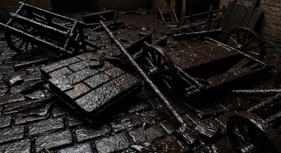A close-up of sticky, dark molasses adhering to debris, cobblestones, and a broken wooden cart, high