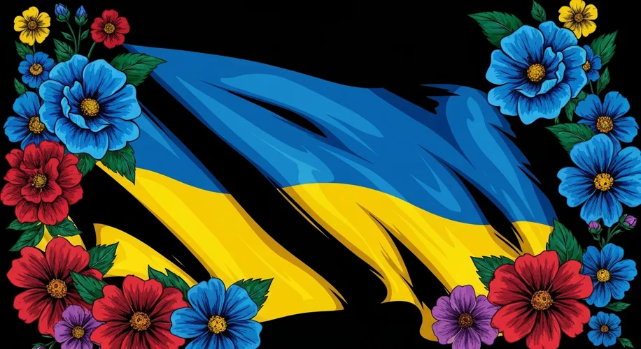 A stylized illustration depicting a Ukrainian flag interwoven with scales of justice, with shadows o