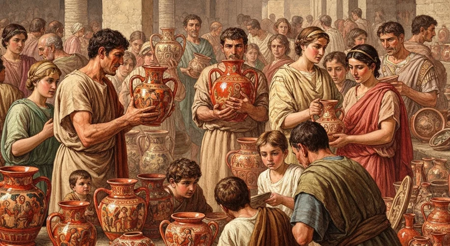 A bustling Roman marketplace scene with merchants selling intricately decorated red-gloss pottery (S