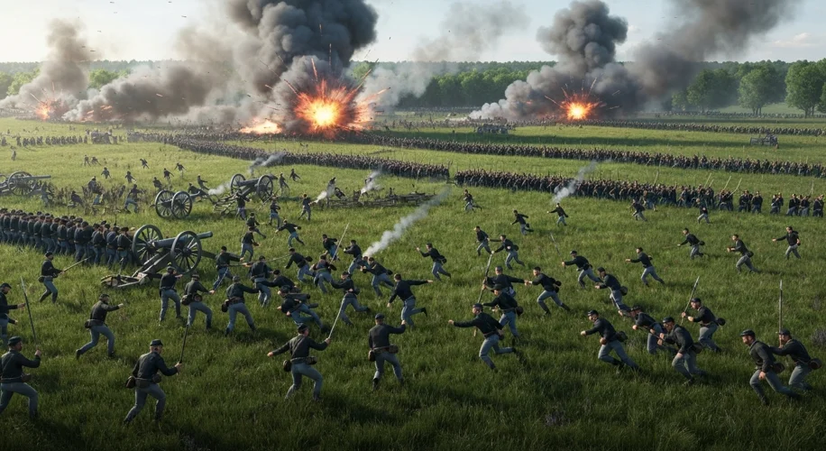 A dramatic depiction of the Battle of Gettysburg, with cannons firing and soldiers charging across a