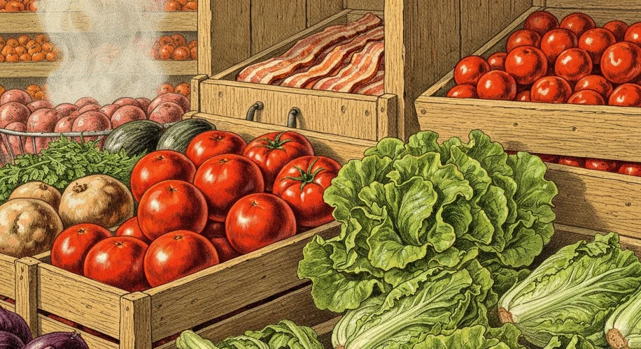 A vintage illustration of an early American farm stand with baskets of ripe red tomatoes and crisp g