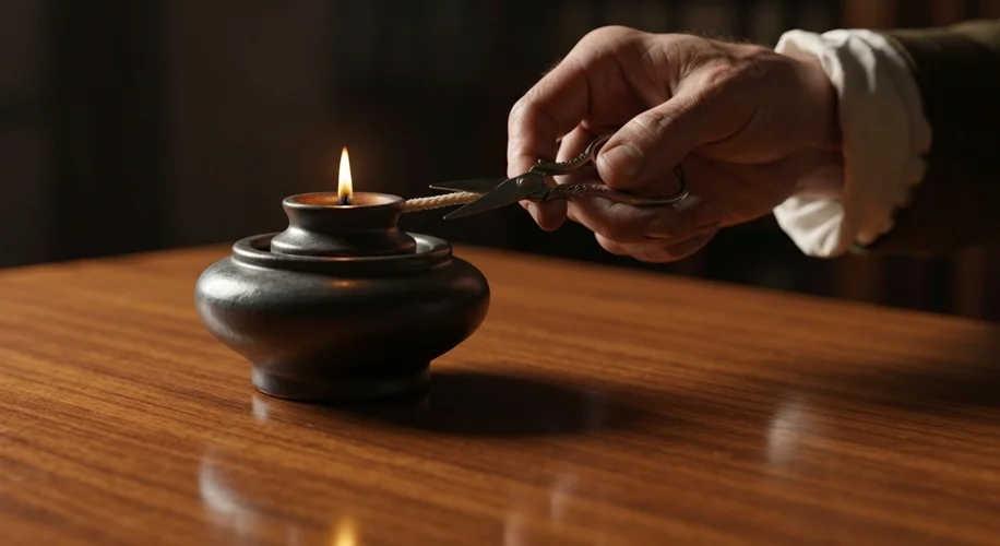 A close-up of an 18th-century hand carefully trimming the wick of an oil lamp with small scissors. T