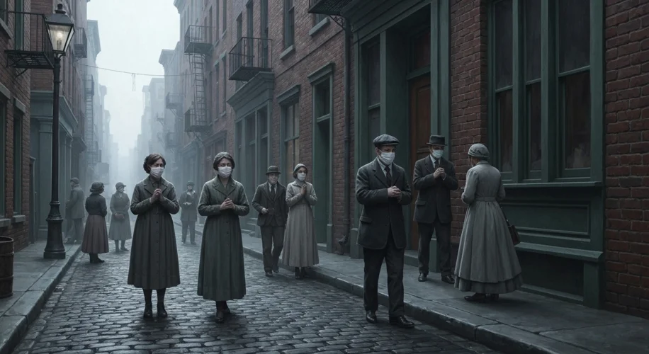 A dimly lit, turn-of-the-century street scene in America with people wearing face masks. Some look w
