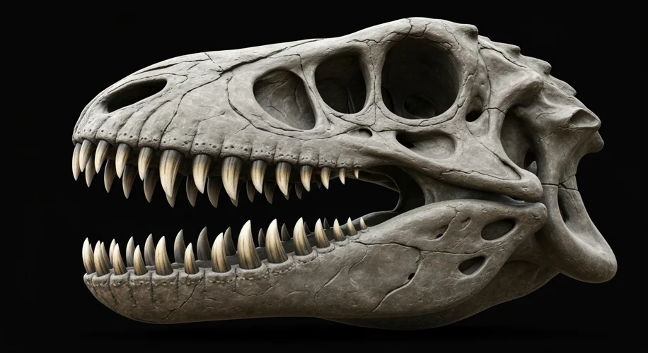 Close-up of the Giganotosaurus skull, showcasing its massive size and rows of sharp, fossilized teet