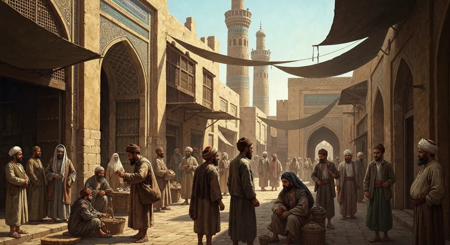 A bustling marketplace in 1930s Baghdad, with Jewish merchants in traditional attire interacting wit