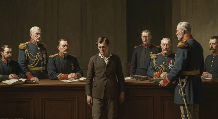 A somber courtroom scene in 19th-century Prussia, with a young man standing before stern-faced judge