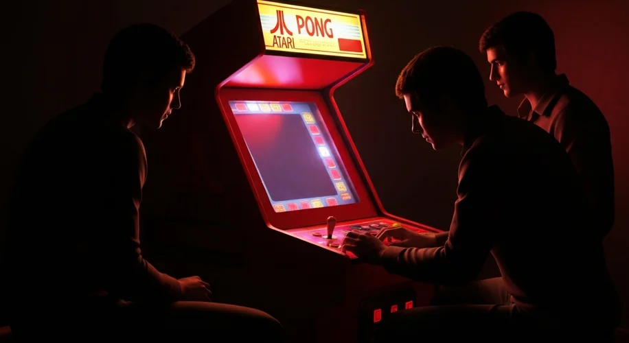 An early 1970s Atari arcade cabinet for Pong, glowing with colorful lights in a dimly lit arcade, wi