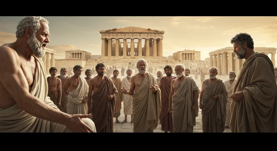 A dramatic depiction of Socrates in ancient Athens, engaging in dialogue with a group of citizens in