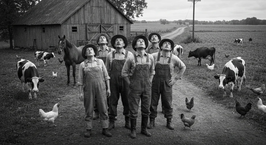 A black and white photograph of farmers in the early 20th century looking up at the sky with confuse