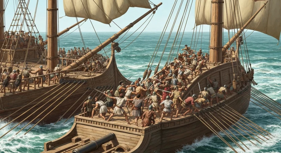 A Roman quinquereme warship using a 'corvus' boarding bridge to grapple with a Carthaginian trireme,