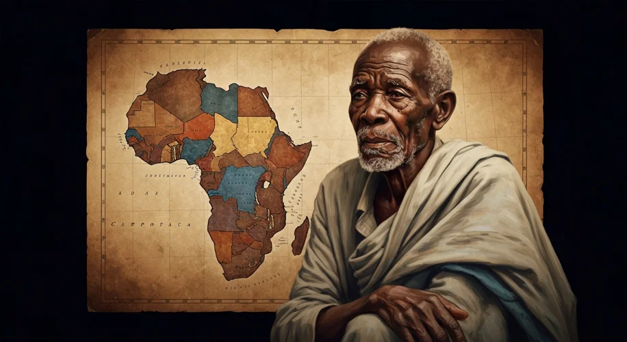 A poignant photograph or illustration of an elderly African elder looking at a faded, old map of Afr