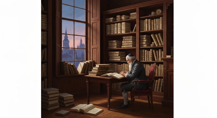 An 18th-century European Jewish scholar in a study, surrounded by ancient Jewish texts and newer sec