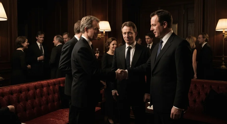 A dimly lit, opulent room filled with elegantly dressed people mingling. In the background, a younge