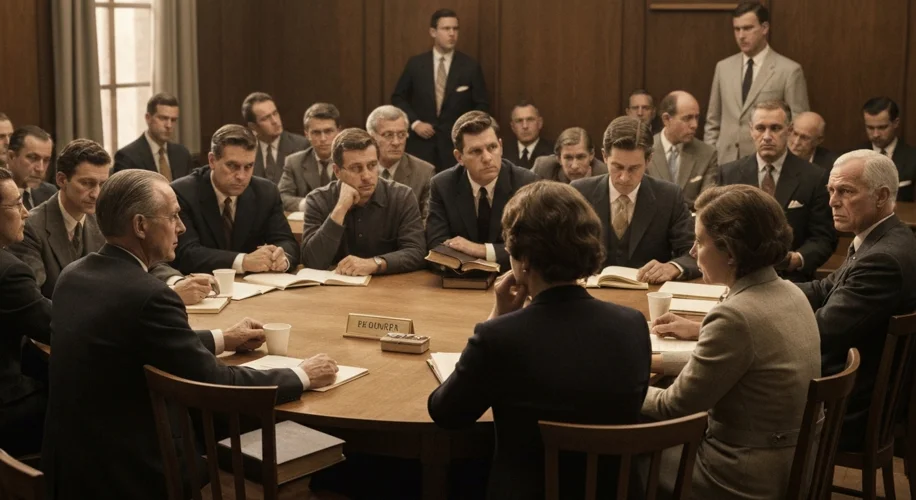 A vintage photograph of a 1960s American town hall meeting with concerned citizens discussing a perc