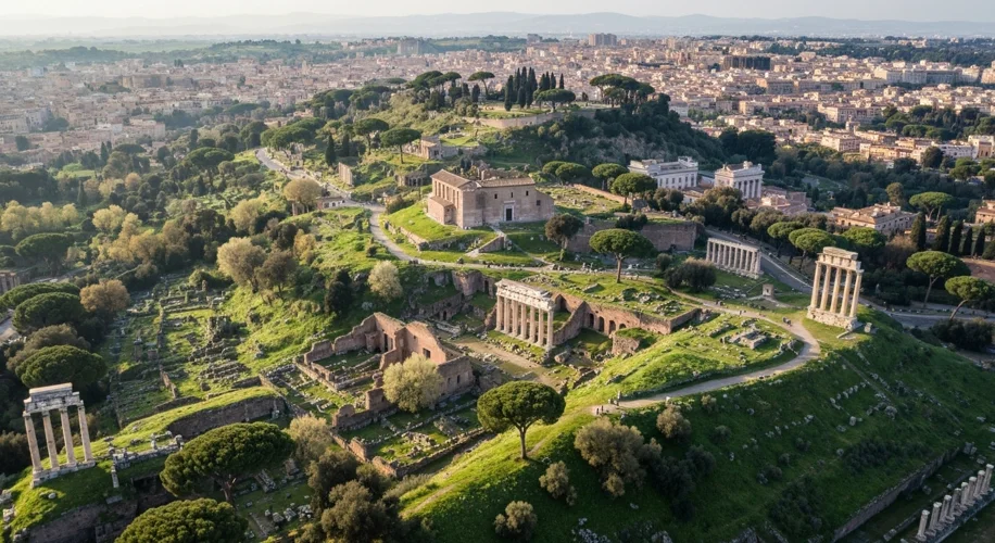 An aerial view of the seven hills of Rome, showing the Palatine Hill prominently, with ancient ruins