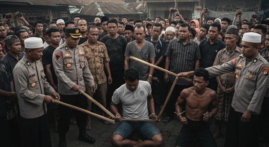 Two men are being publicly caned with rattan sticks in a town square in Indonesia. A crowd of onlook