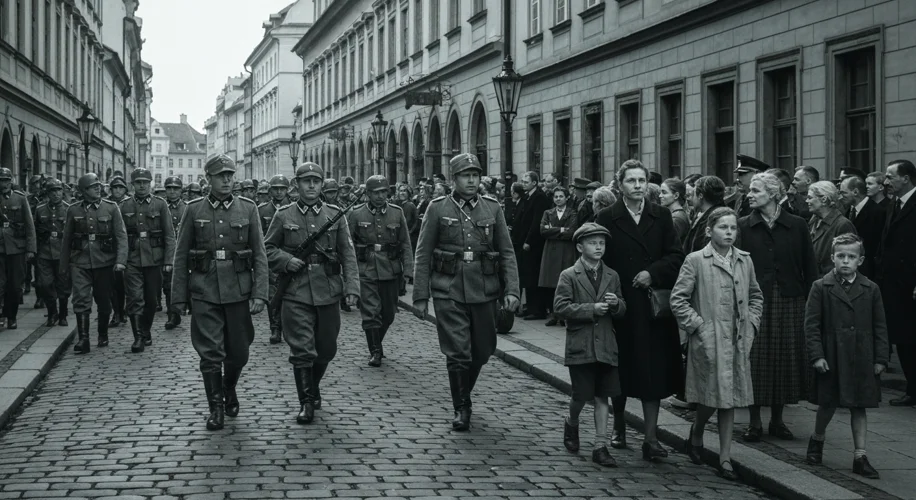 A poignant black and white photograph of Prague in the 1930s, with citizens looking somber as German