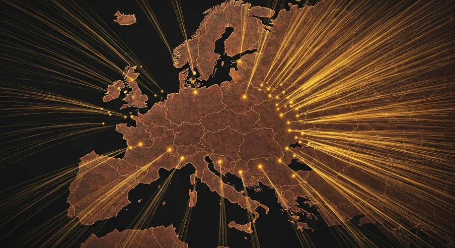 A stylized map of Europe showing the initial six member states of the ECSC in a darker shade, with a