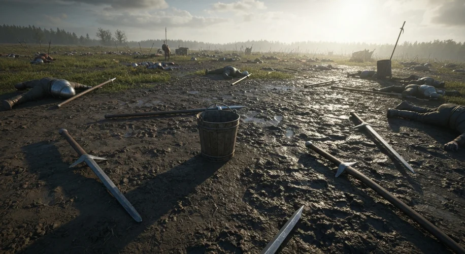 A somber depiction of the aftermath of the Battle of Zappolino, with fallen soldiers and broken weap