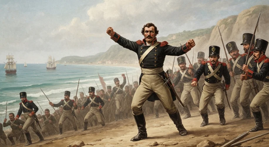 A dramatic illustration of Giuseppe Garibaldi rallying his Redshirt volunteers on a beach in Sicily,