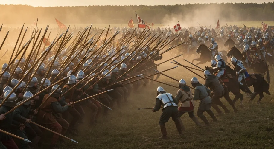 A chaotic medieval battle scene with Swiss pikemen wielding halberds clashing against French knights
