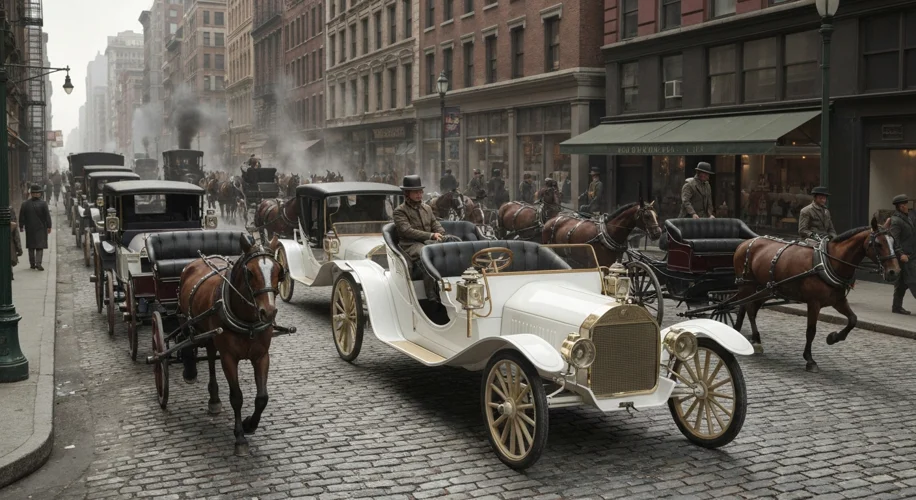 An early 20th-century street scene in New York City with horse-drawn carriages and a few early elect
