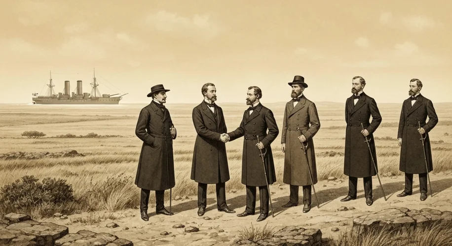 A sepia-toned illustration depicting German diplomats and Boer leaders in traditional attire, shakin