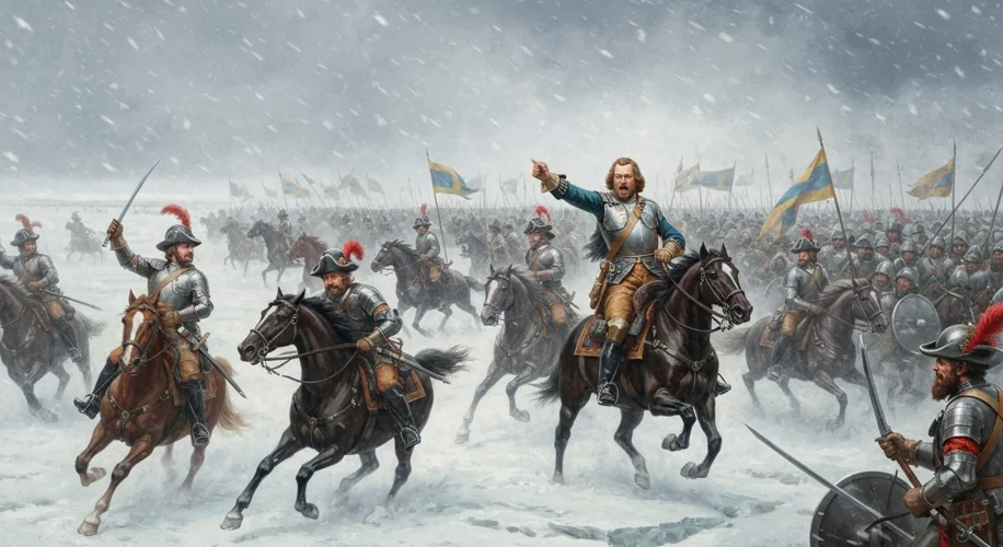 A dramatic depiction of the Battle of Narva, with Swedish cavalry charging through a snowstorm again