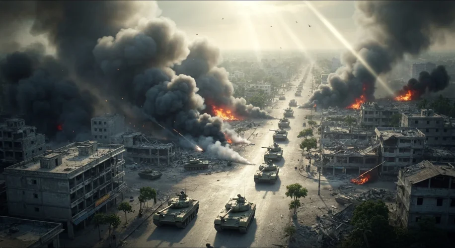 A dramatic aerial view of Vietnamese tanks rolling into a Cambodian city, with smoke rising in the b