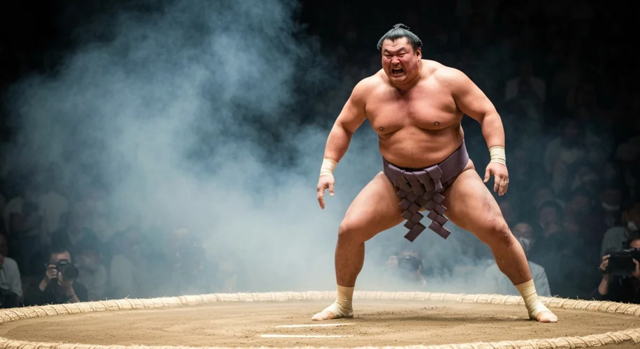 A powerful image of Akebono Taro, a towering Hawaiian sumo wrestler, in the midst of a sumo bout, sh