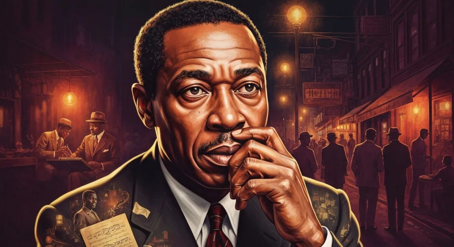 A portrait of Langston Hughes, looking thoughtful, perhaps with a backdrop suggesting jazz music or