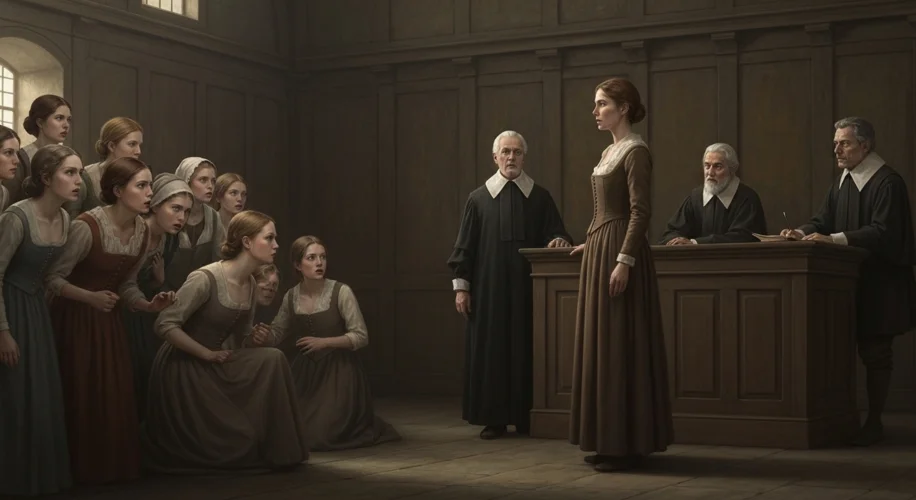 A somber colonial courtroom scene. An accused woman stands before a stern-faced judge and jury, whil