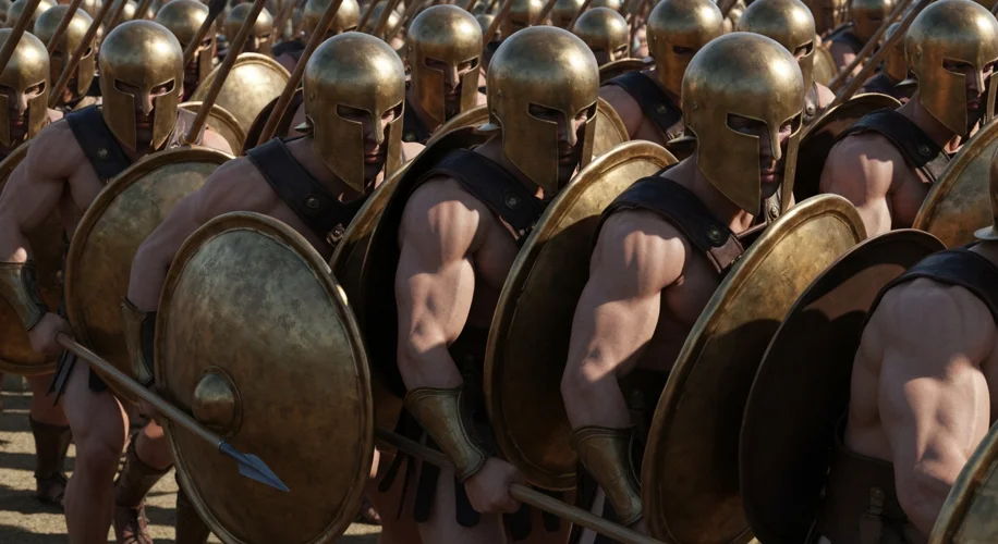 A realistic depiction of Spartan hoplites in formation, showing lean but powerful physiques honed by