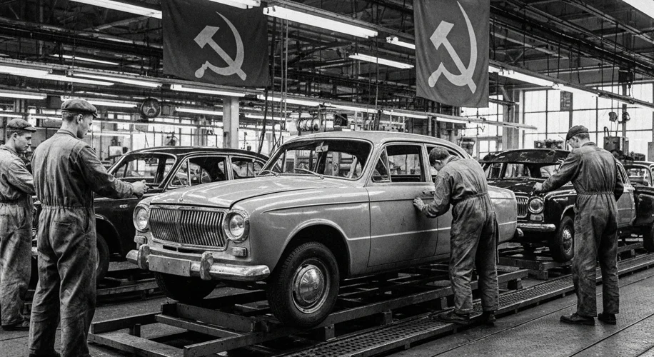 A black and white photograph of a Soviet-era GAZ-A car being assembled on a factory floor, with work