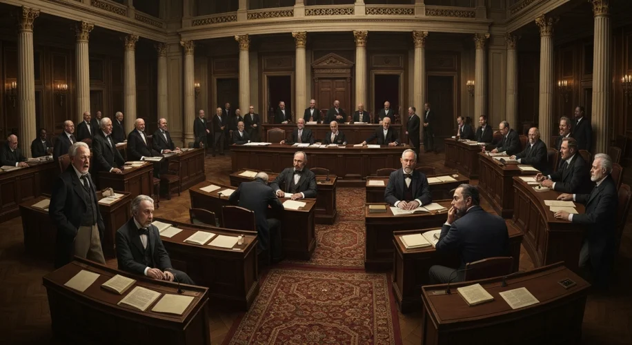 A dramatic illustration of the US Senate chamber during the Reconstruction era, with members debatin