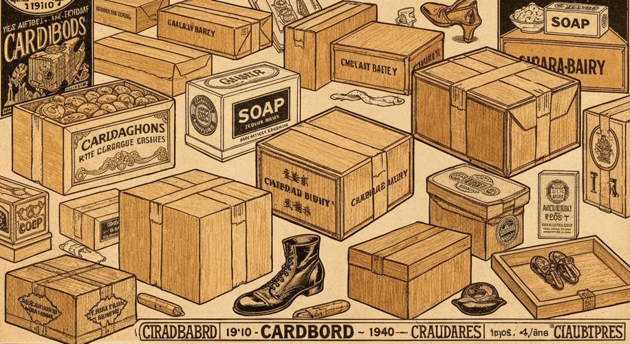A collage of early 20th-century advertisements featuring cardboard boxes for various products like s