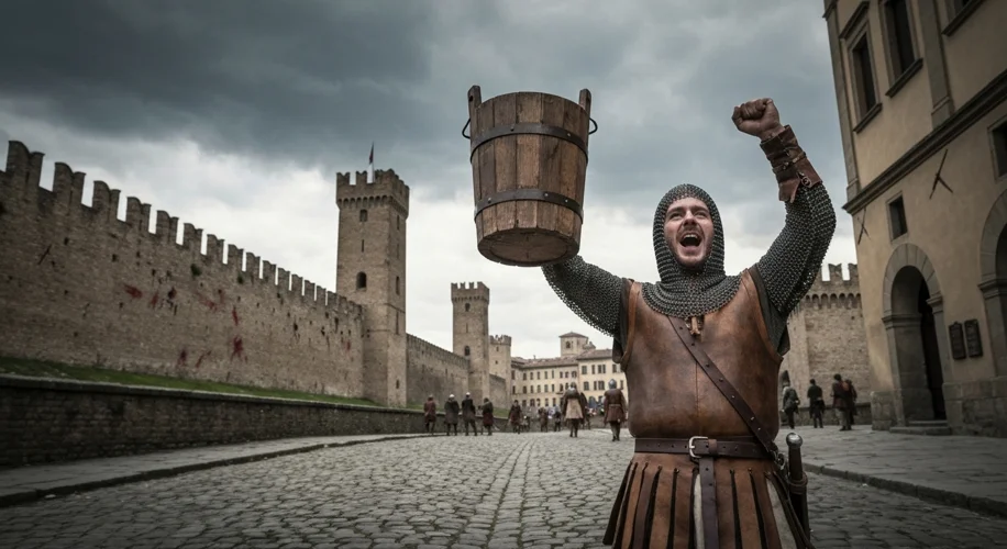 A medieval wooden bucket being held aloft by a triumphant Modenese soldier, with the city walls of B