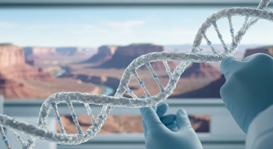 A close-up of ancient mammoth DNA strands being analyzed in a modern laboratory, with blurred prehis