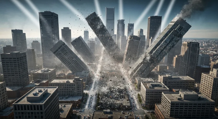 A simulation showing a major city skyline with buildings experiencing severe shaking and damage duri