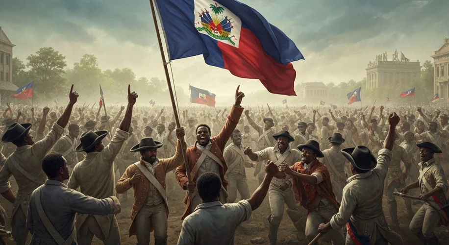 A triumphant scene of Haitian revolutionaries celebrating their victory and the declaration of indep